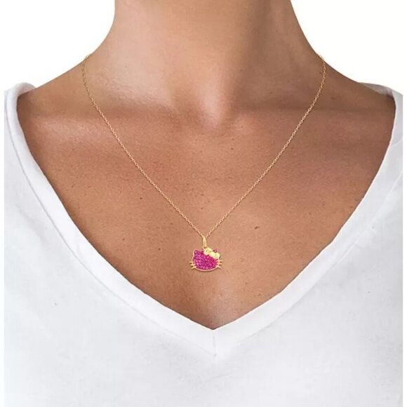 Hello Kitty Pendant Necklace ✦ 925 Silver Fuchsia Swarovski ✦ Gold Chain NWT - Picture 5 of 14